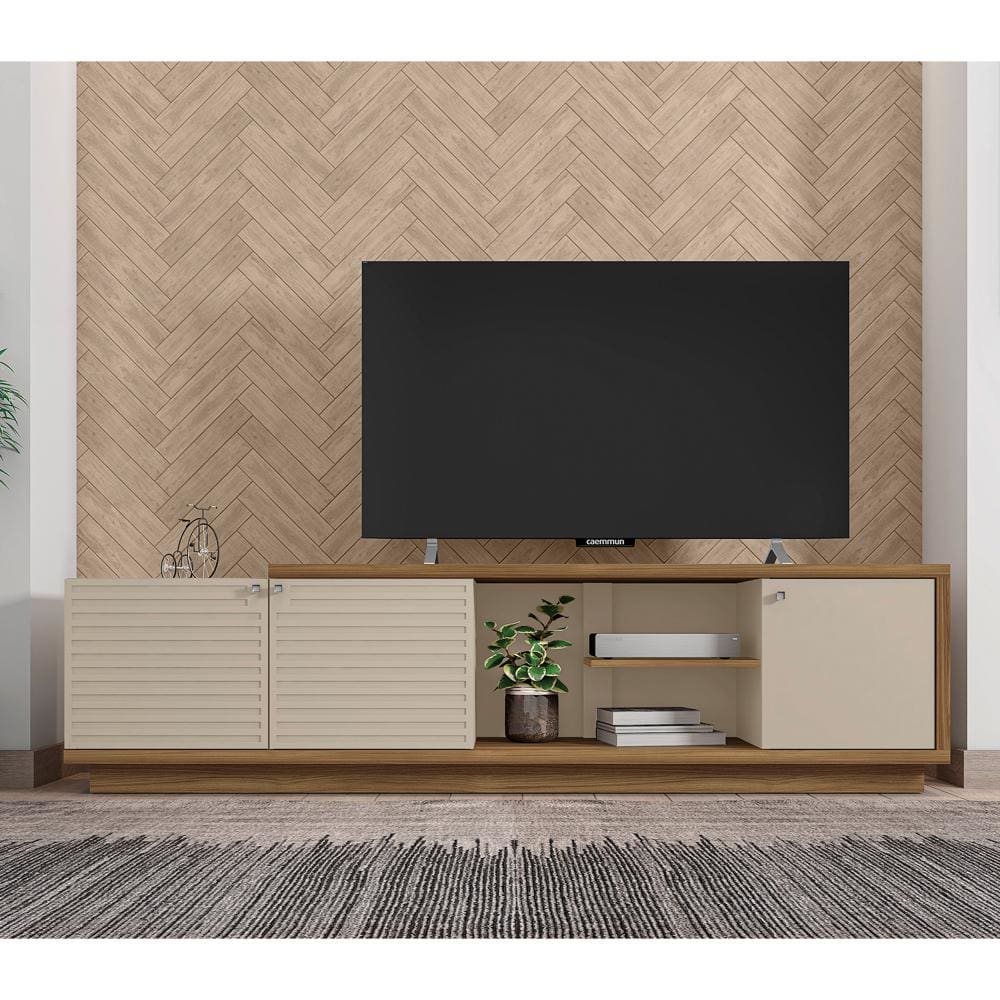 76.77 Inch Wooden TV Stand with 3 Doors and Grain Details, Brown and Off White By The Urban Port