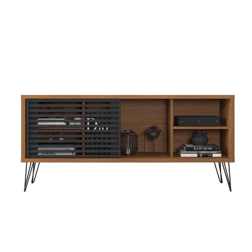 Arthur 54 Inch Wooden TV Stand with 1 Sliding Door Walnut Brown and Black By The Urban Port UPT-271305