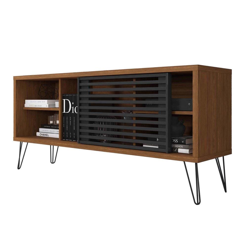 Arthur 54 Inch Wooden TV Stand with 1 Sliding Door Walnut Brown and Black By The Urban Port UPT-271305