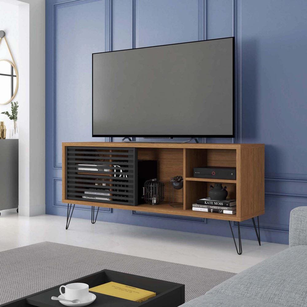 Arthur 54 Inch Wooden TV Stand with 1 Sliding Door Walnut Brown and Black By The Urban Port UPT-271305