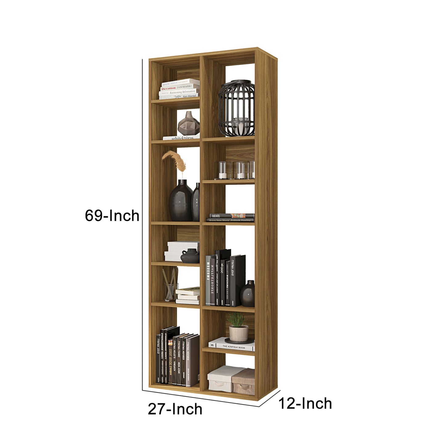 Valerie 70 Inch Wooden Bookcase with 12 Shelves and Grains Honey Brown By The Urban Port UPT-271308