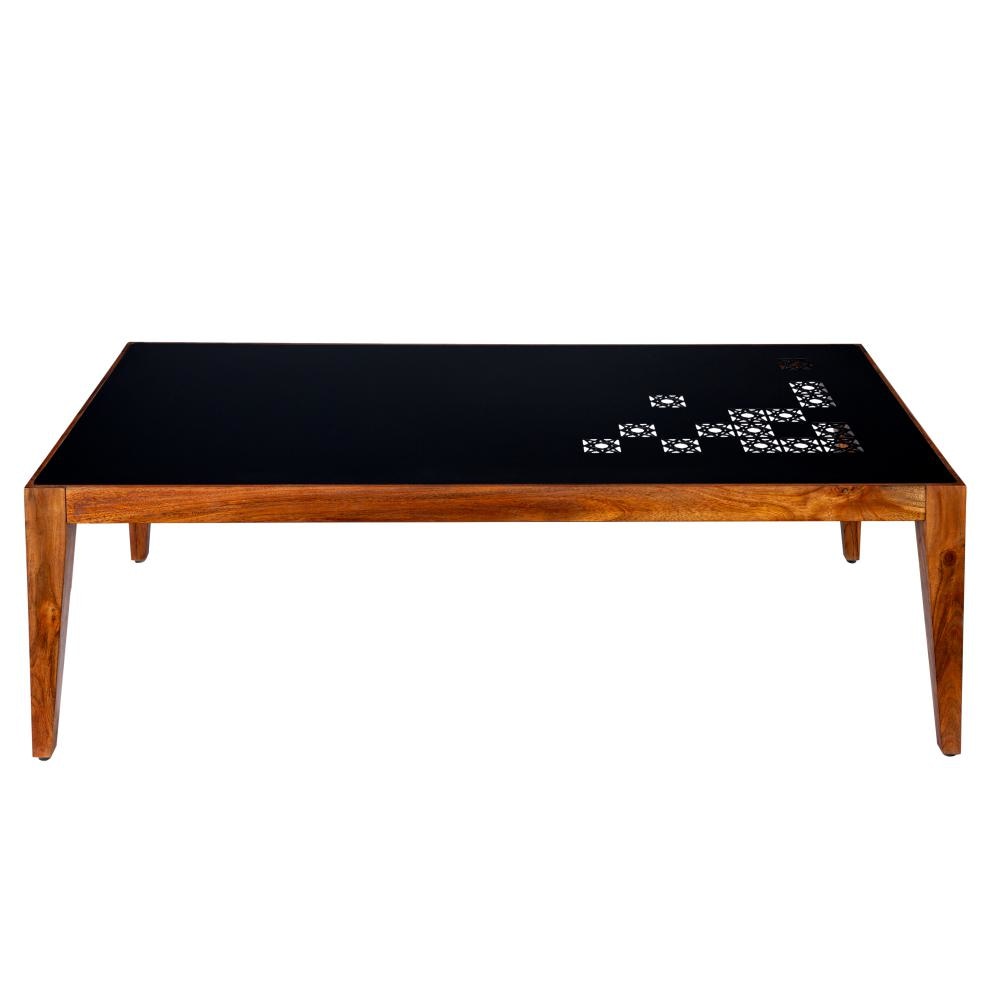 Alba 47 Inch Rectangular Metal Top Coffee Table with Laser Cut Design Black and Brown By The Urban Port UPT-272003