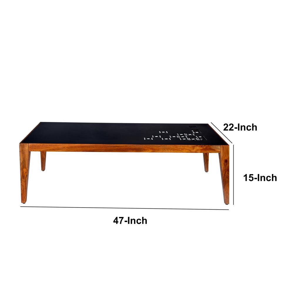 Alba 47 Inch Rectangular Metal Top Coffee Table with Laser Cut Design Black and Brown By The Urban Port UPT-272003