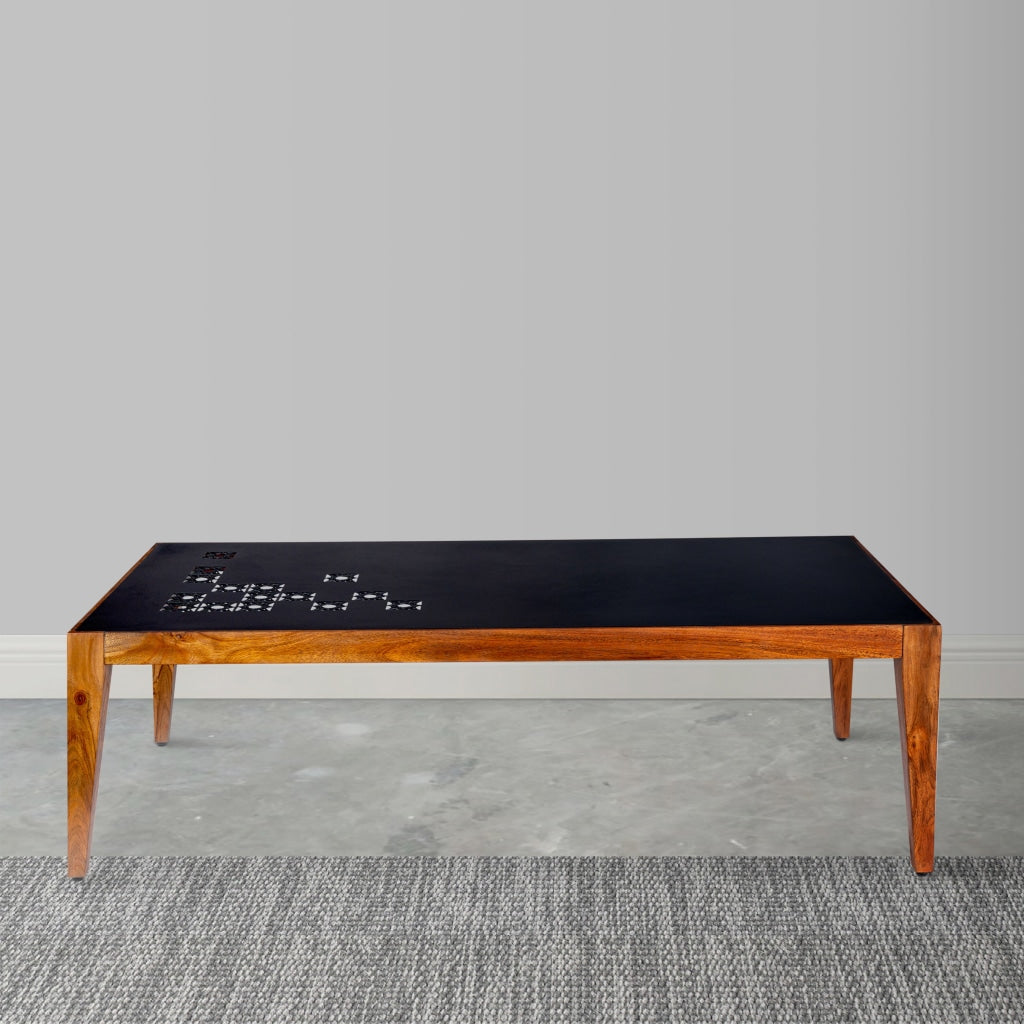 Alba 47 Inch Rectangular Metal Top Coffee Table with Laser Cut Design Black and Brown By The Urban Port UPT-272003