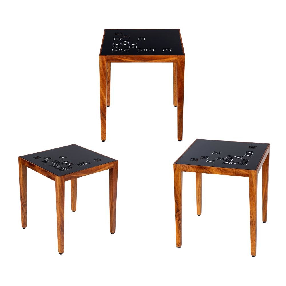 Alba 22 Inch 3 Piece Nesting Table Set Laser Cut Metal Black Brown By The Urban Port UPT-272006