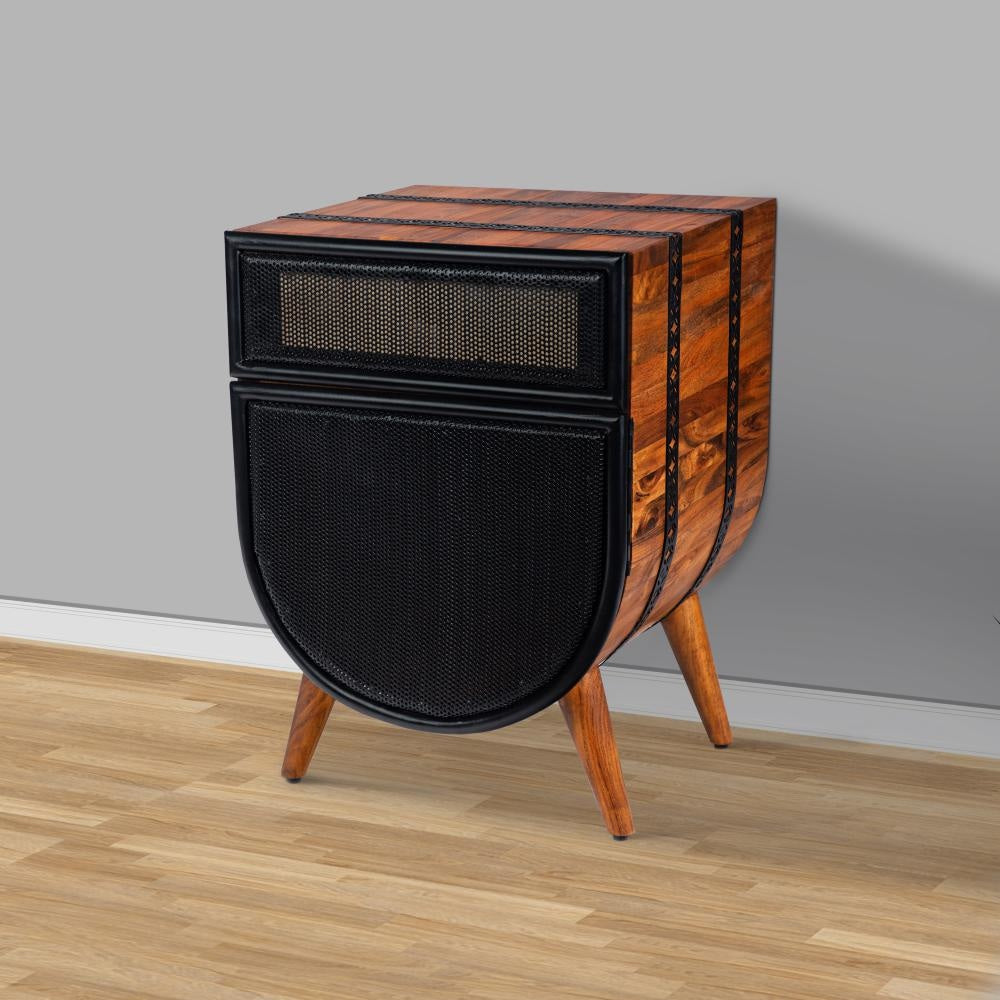 24 Inch Acacia Wood Accent Cabinet Chest with 1 Mesh Drawer and 1 Door Brown and Black By The Urban Port UPT-272008