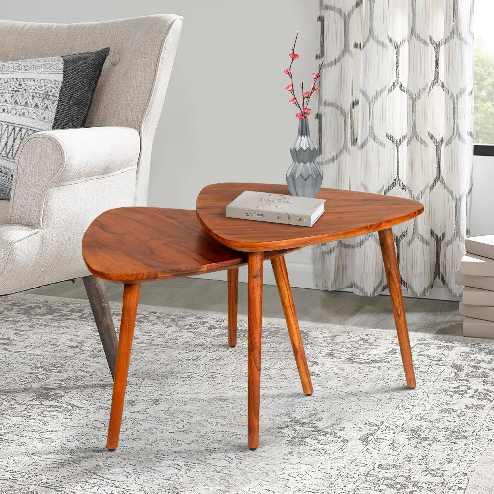 18,16 Inch 2 Piece Grain Guitar Pick Style Nesting Side Table Set, Acacia Wood, Brown By The Urban Port