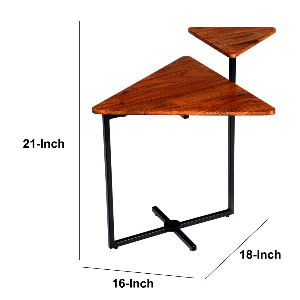 Geo Collection 21 Inch Triangular Acacia Wood Accent End Table with 2 Tier Tabletops Brown Black By The Urban Port UPT-272011