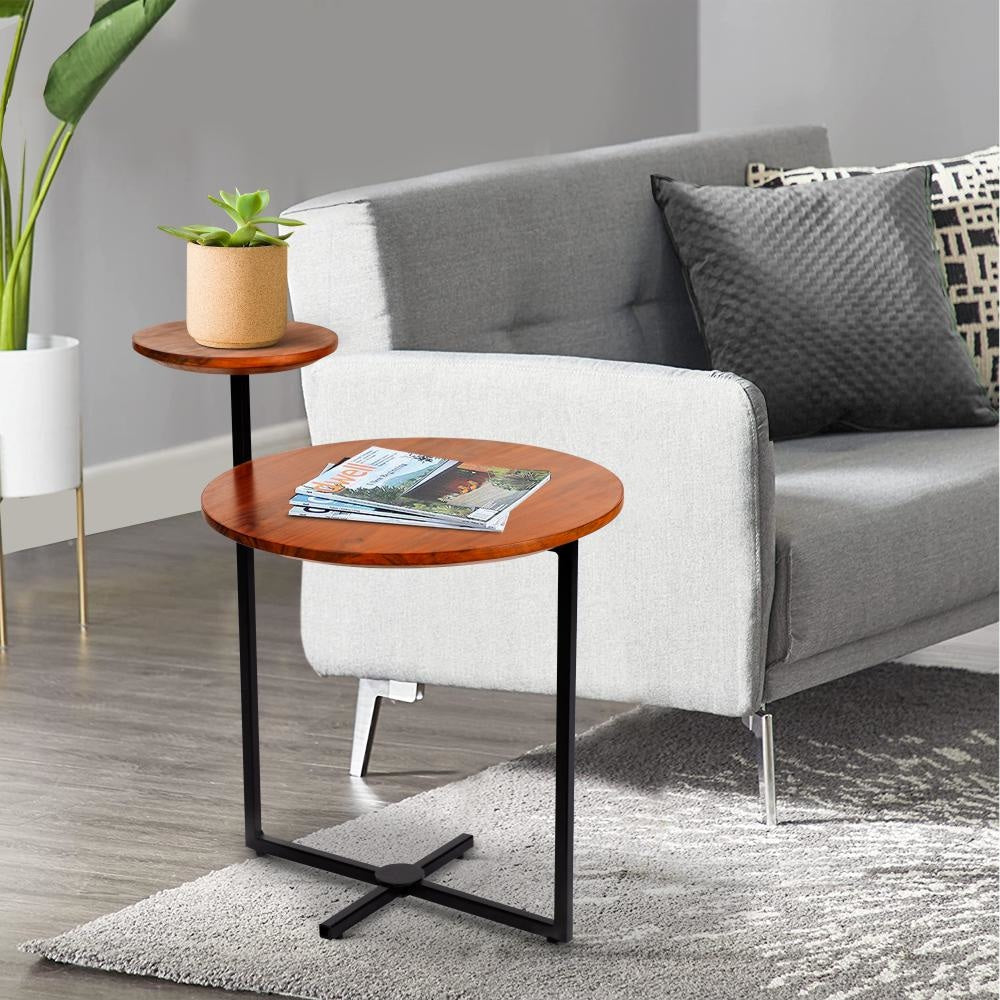 Geo Collection 21 Inch Round Acacia Wood Accent End Table with 2 Tier Tabletops Brown Black By The Urban Port UPT-272012