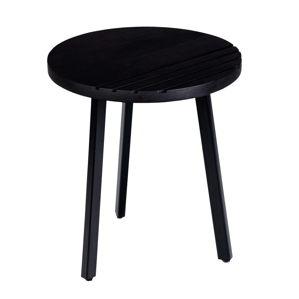 18 Inch Round Mango Wood Side End Table Grooved Design Metal Legs Black By The Urban Port UPT-272016