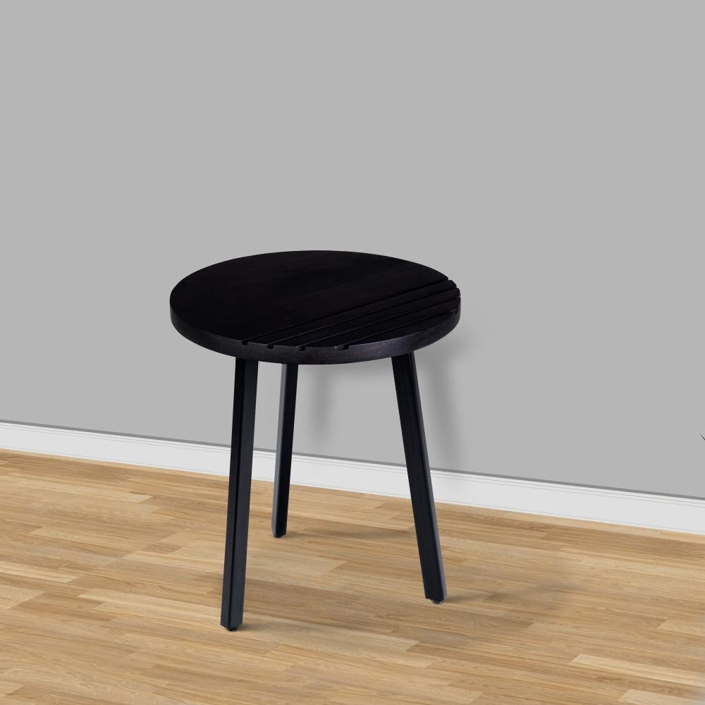 18 Inch Round Mango Wood Side End Table Grooved Design Metal Legs Black By The Urban Port UPT-272016