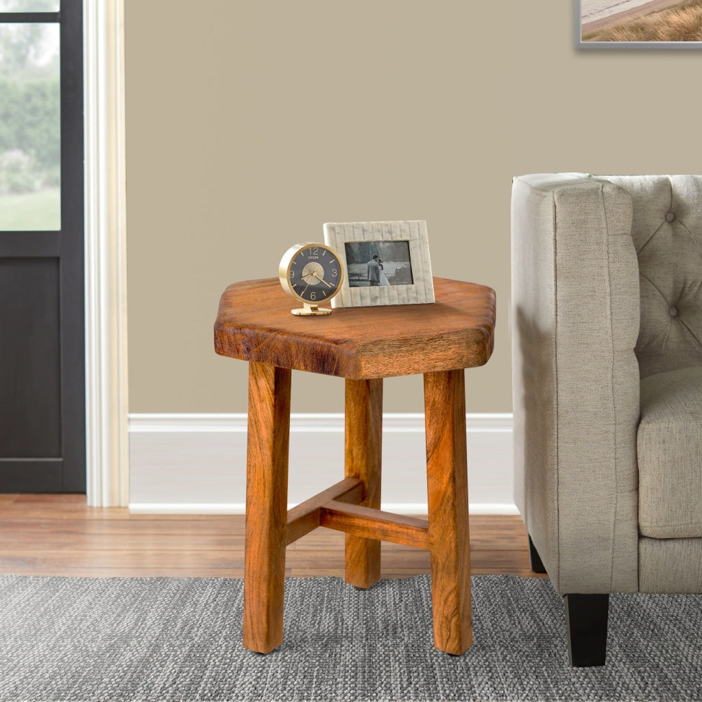 18 Inch Hexagon Acacia Wood Side Table with Live Edge Top Warm Brown By The Urban Port UPT-272017