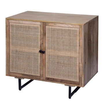 35 Inch Handcrafted Accent Cabinet with 2 Mesh Rattan Doors Black Iron Legs Natural Brown Mango Wood Frame By The Urban Port UPT-272530