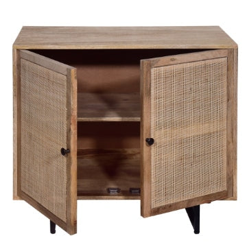 35 Inch Handcrafted Accent Cabinet with 2 Mesh Rattan Doors Black Iron Legs Natural Brown Mango Wood Frame By The Urban Port UPT-272530