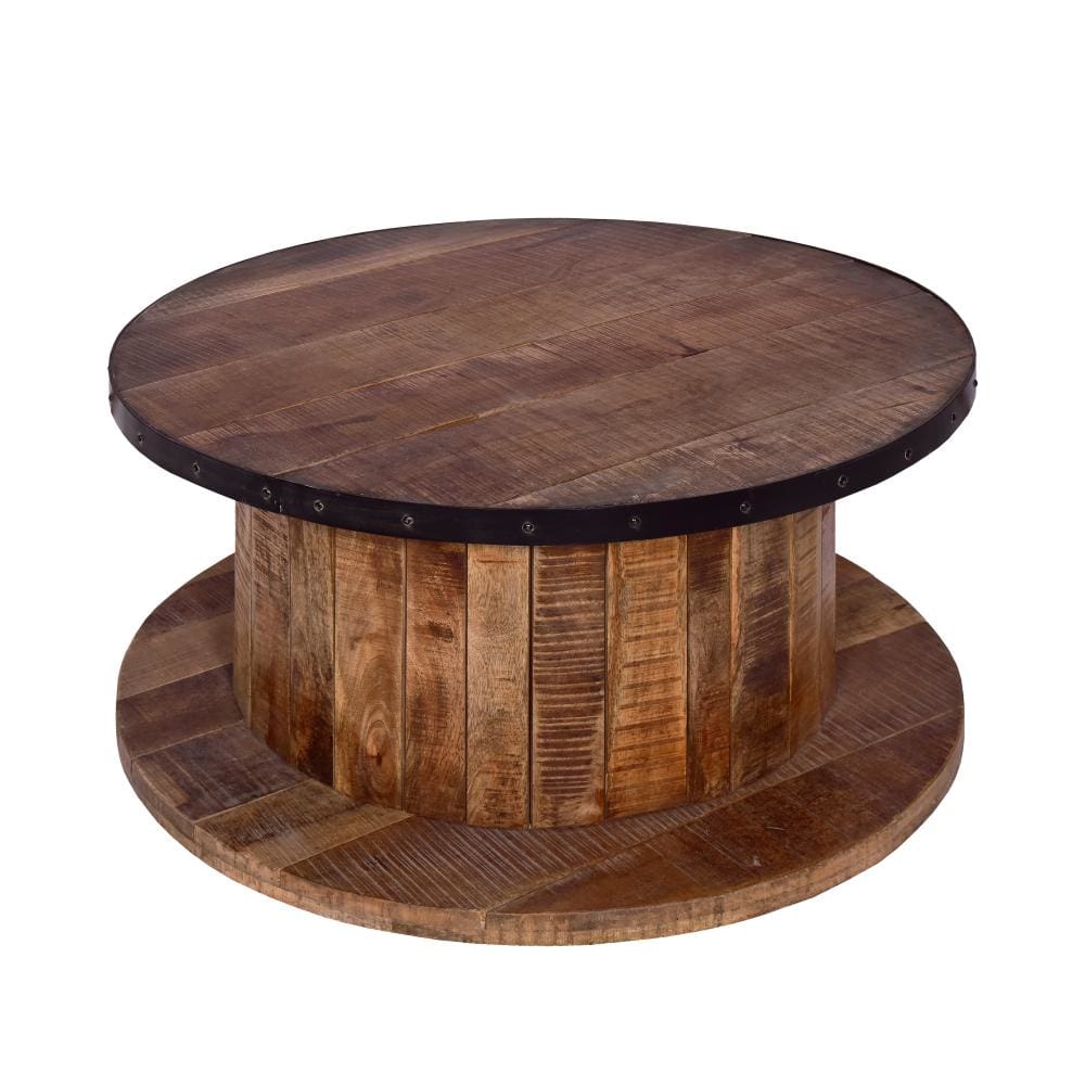 36 Inch Mango Wood Farmhouse Coffee Table with Rustic Plank Style Round Top and Base Walnut and Natural Brown By The Urban Port UPT-272532