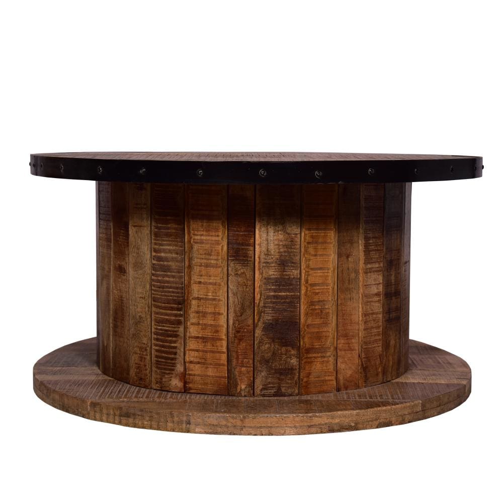 36 Inch Mango Wood Farmhouse Coffee Table with Rustic Plank Style Round Top and Base Walnut and Natural Brown By The Urban Port UPT-272532