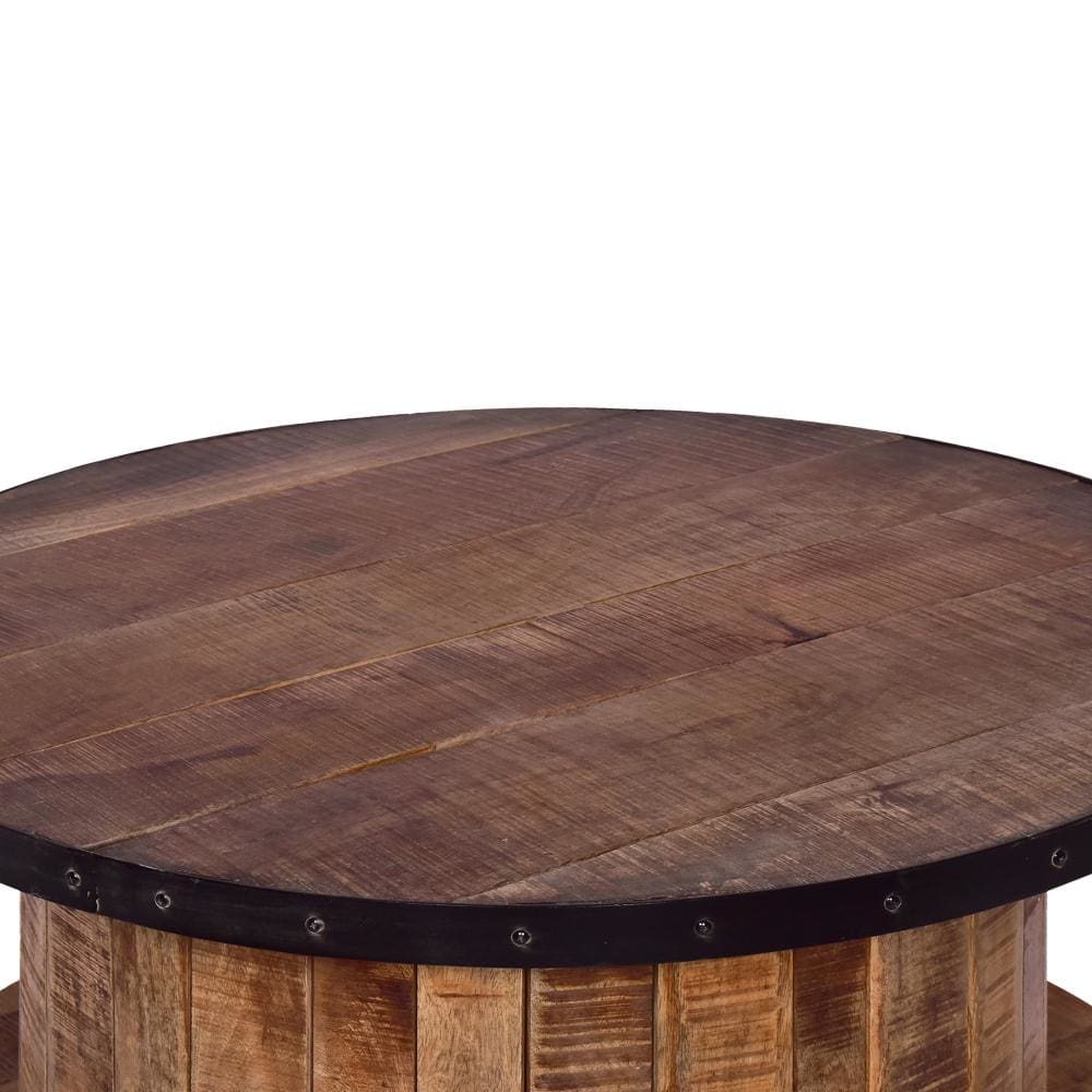 36 Inch Mango Wood Farmhouse Coffee Table with Rustic Plank Style Round Top and Base Walnut and Natural Brown By The Urban Port UPT-272532