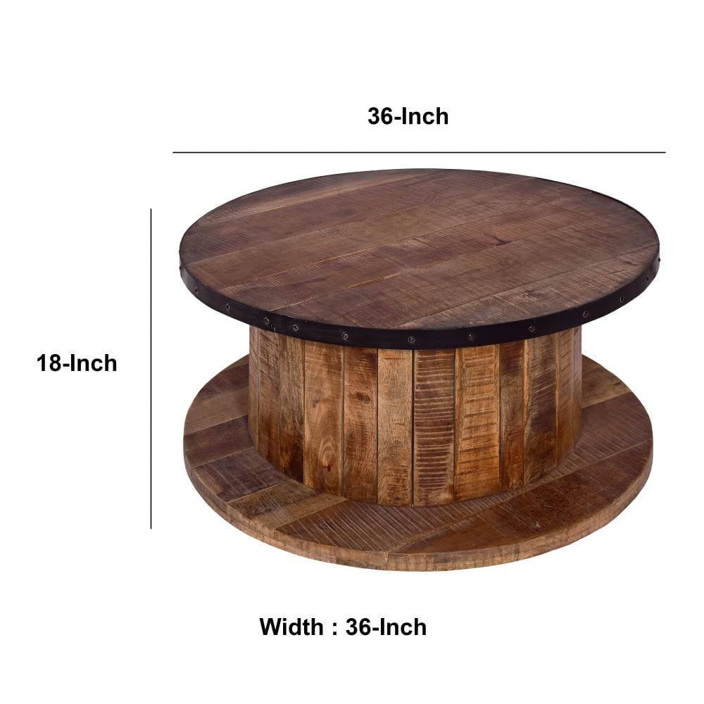 36 Inch Mango Wood Farmhouse Coffee Table with Rustic Plank Style Round Top and Base Walnut and Natural Brown By The Urban Port UPT-272532