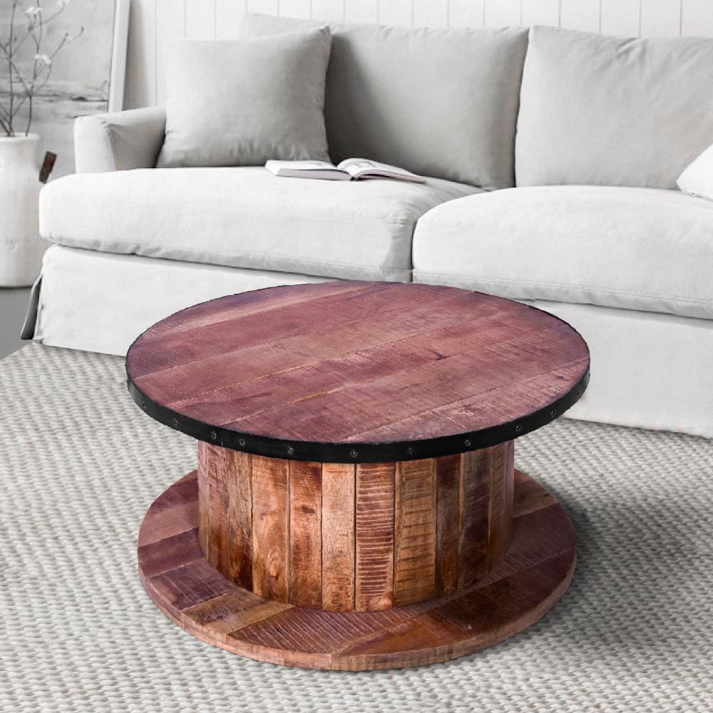 36 Inch Mango Wood Farmhouse Coffee Table with Rustic Plank Style Round Top and Base Walnut and Natural Brown By The Urban Port UPT-272532