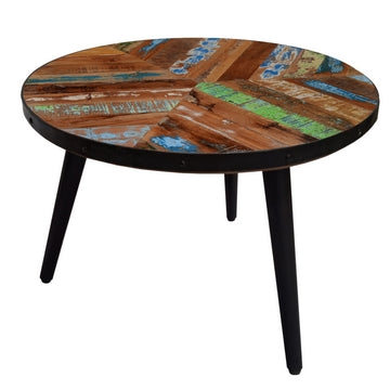 17 Inch Industrial Side Table Reclaimed Wood Round Multi Tone Top Iron Trim Brown Black By The Urban Port UPT-272533