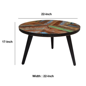 17 Inch Industrial Side Table Reclaimed Wood Round Multi Tone Top Iron Trim Brown Black By The Urban Port UPT-272533