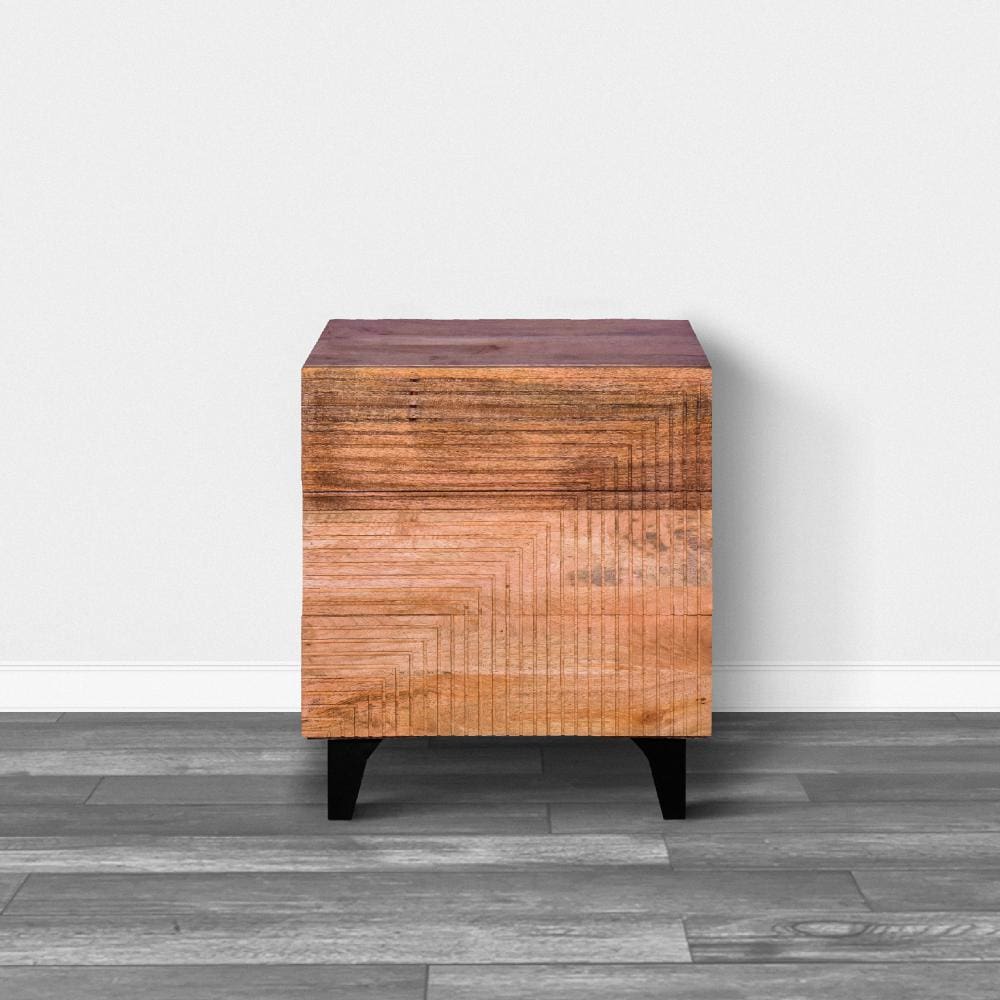 Kai 30.5 Inch Mango Wood Chest Cabinet with 3 Drawers and Embossed Geometric Design Natural Brown By The Urban Port UPT-272534