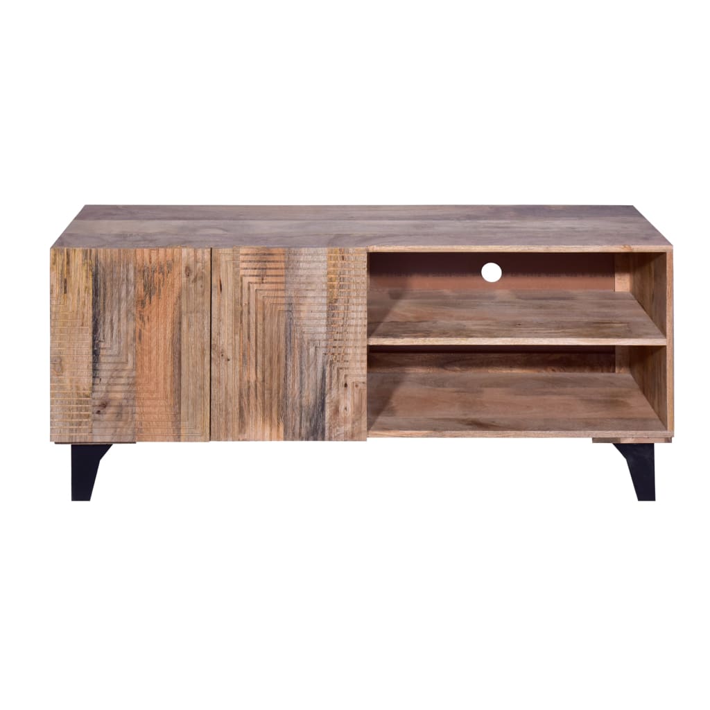 Kai 55 Inch Mango Wood TV Media Console with 2 Doors and Embossed Geometric Design Natural Brown By The Urban Port UPT-272535