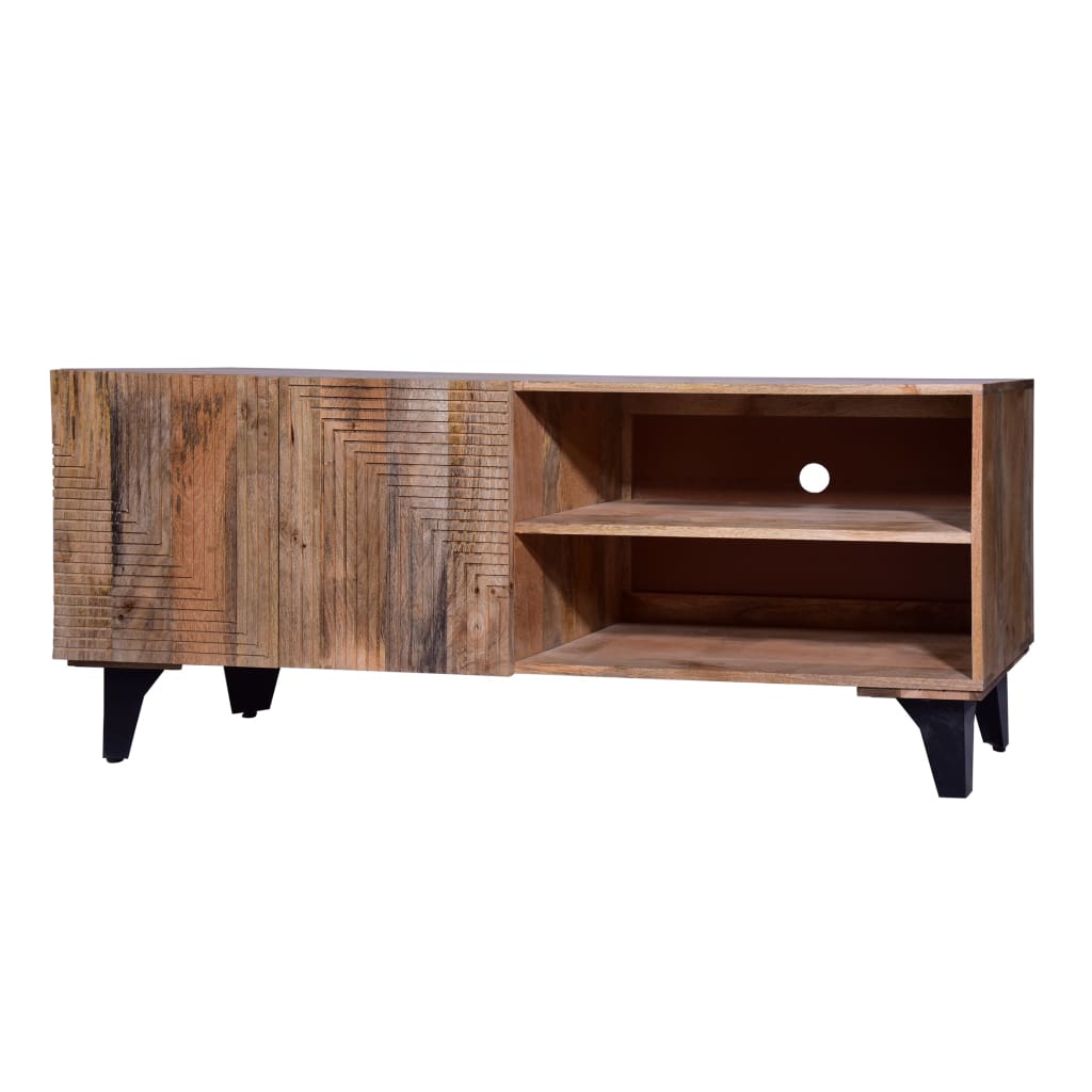 Kai 55 Inch Mango Wood TV Media Console with 2 Doors and Embossed Geometric Design Natural Brown By The Urban Port UPT-272535