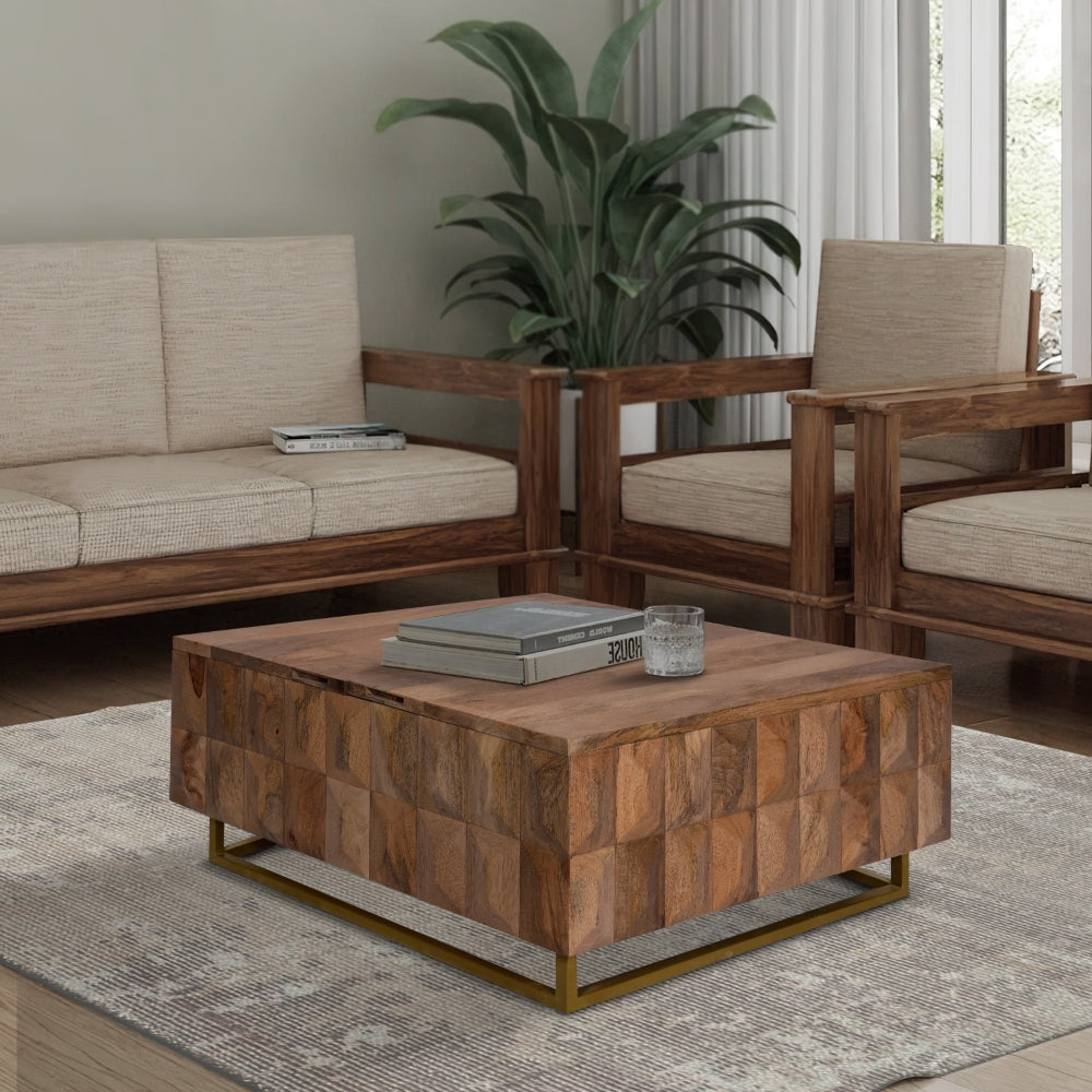 33 Inch Lift Top Storage Trunk Coffee Table Square Mango Wood Natural Brown By The Urban Port UPT-272536