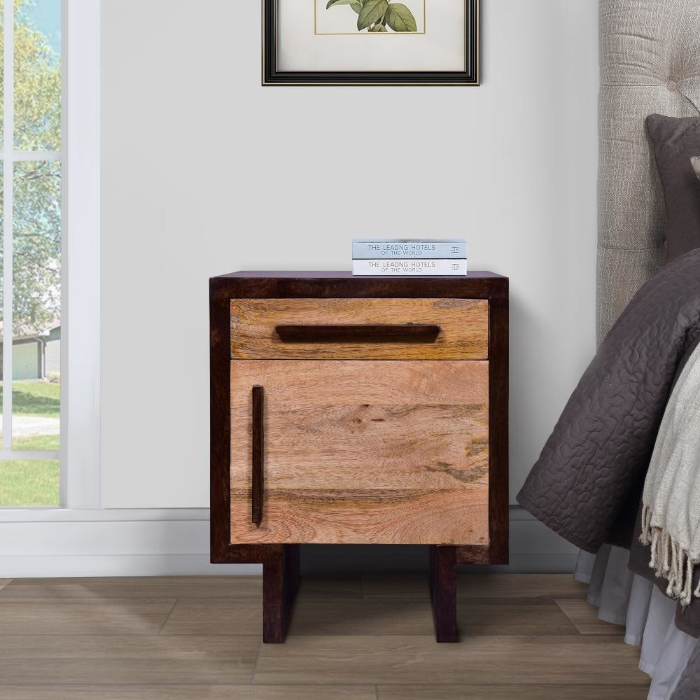 18.5 Inch Single Modern Contemporary Style Mango Wood Nightstand Side Table with 1 Drawer and Door Cafe and Natural Brown By The Urban Port