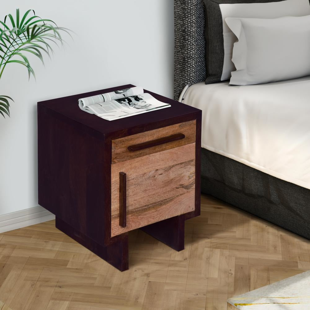 18.5 Inch Single Modern Contemporary Style Mango Wood Nightstand Side Table with 1 Drawer and Door Cafe and Natural Brown By The Urban Port