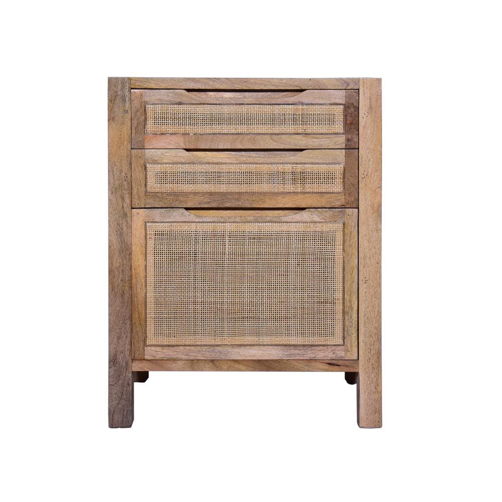 Ryan 31 Inch Cottage Mango Wood Storage Cabinet Table, Cane Rattan Panels, 3 Drawers, Natural Brown By The Urban Port