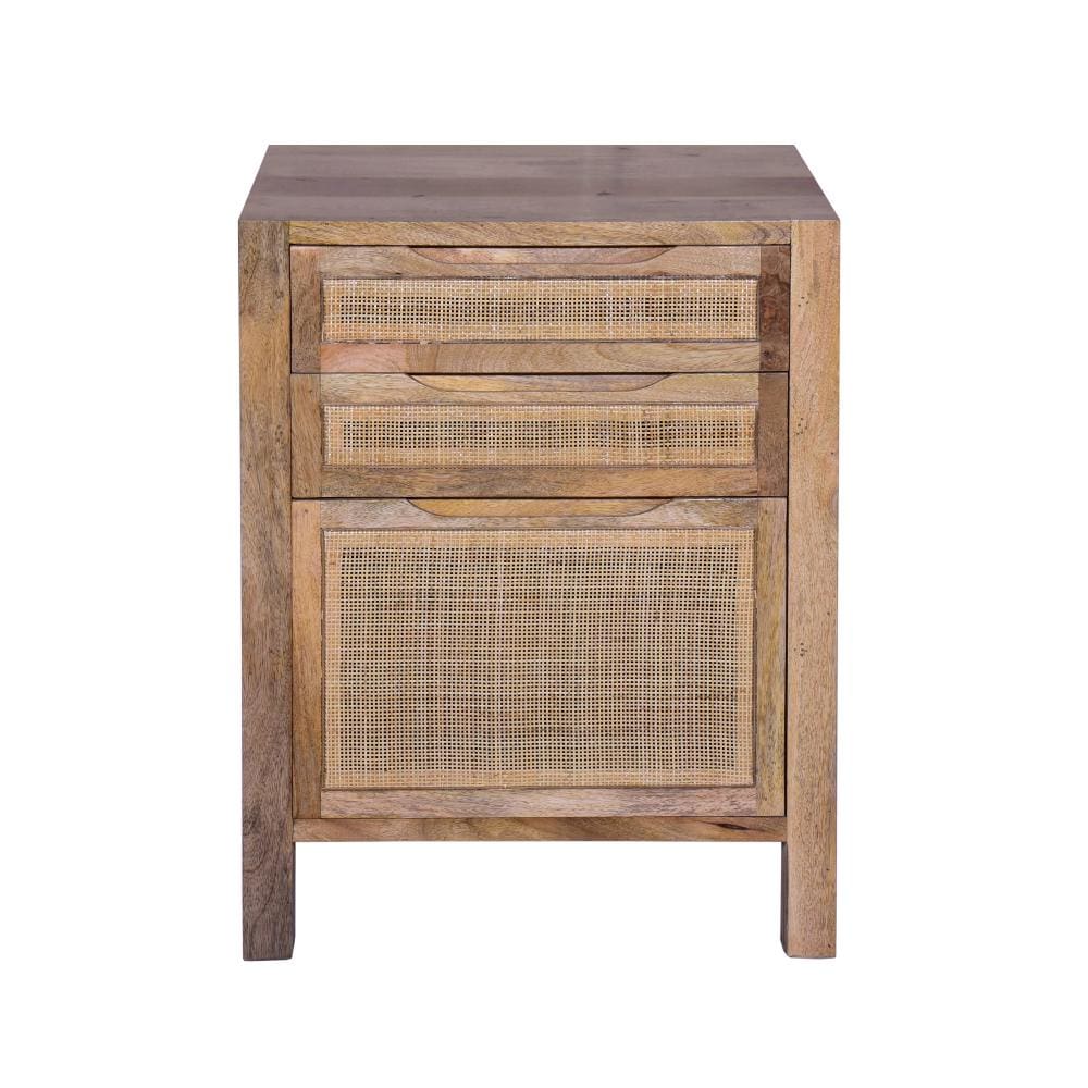 Ryan 31 Inch Cottage Mango Wood Storage Cabinet Table Cane Rattan Panels 3 Drawers Natural Brown By The Urban Port UPT-272544