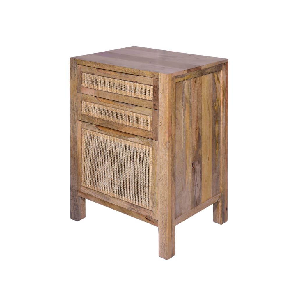 Ryan 31 Inch Cottage Mango Wood Storage Cabinet Table Cane Rattan Panels 3 Drawers Natural Brown By The Urban Port UPT-272544