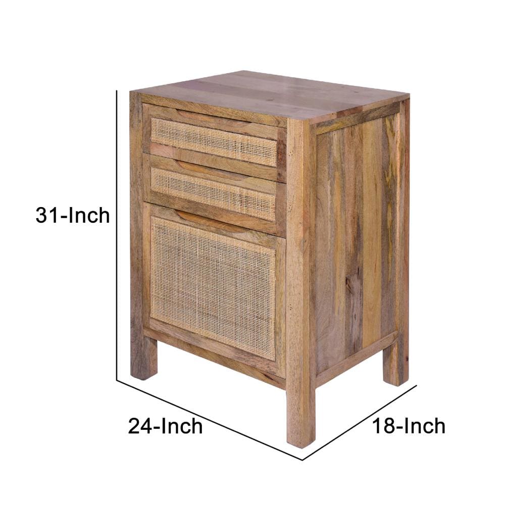 Ryan 31 Inch Cottage Mango Wood Storage Cabinet Table Cane Rattan Panels 3 Drawers Natural Brown By The Urban Port UPT-272544