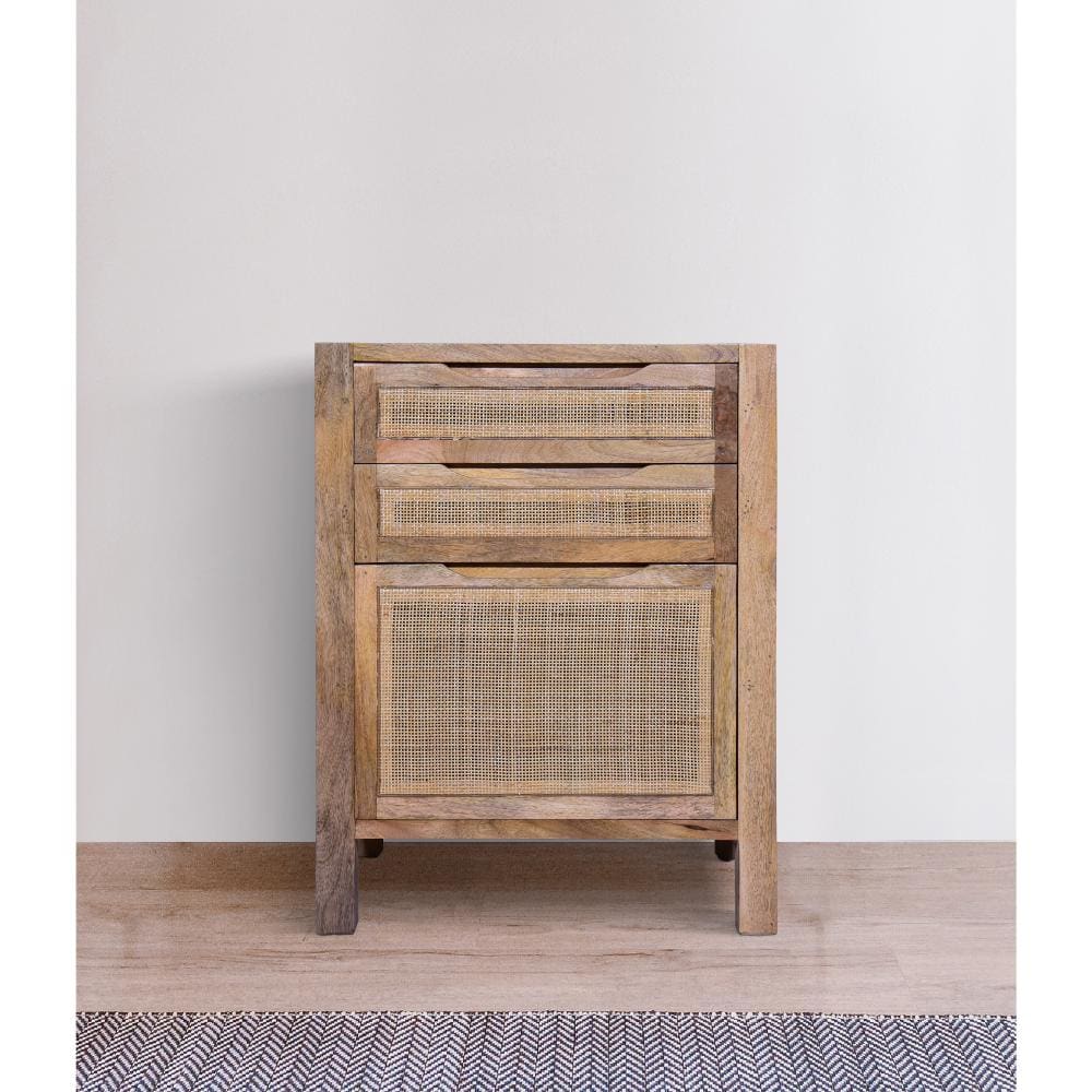 Ryan 31 Inch Cottage Mango Wood Storage Cabinet Table Cane Rattan Panels 3 Drawers Natural Brown By The Urban Port UPT-272544