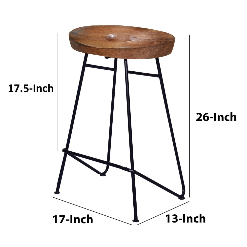 26 Inch Industrial Counter Height Stool Contoured Mango Wood Seat Iron Cafe Brown Black By The Urban Port UPT-272545