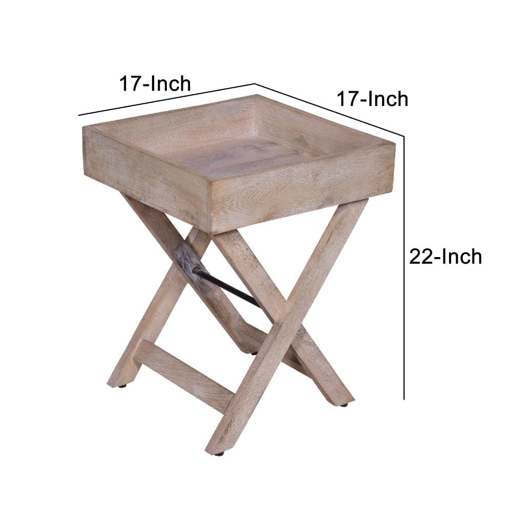 22 Inch Farmhouse Square Tray Top End Table Mango Wood X Shape Foldable Frame Washed White By The Urban Port UPT-272549