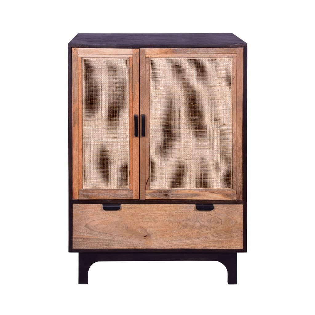 42 Inch Mango Wood Armoire Storage Cabinet 2 Cane Rattan Woven Doors 1 Drawer Brown Black By The Urban Port UPT-272551