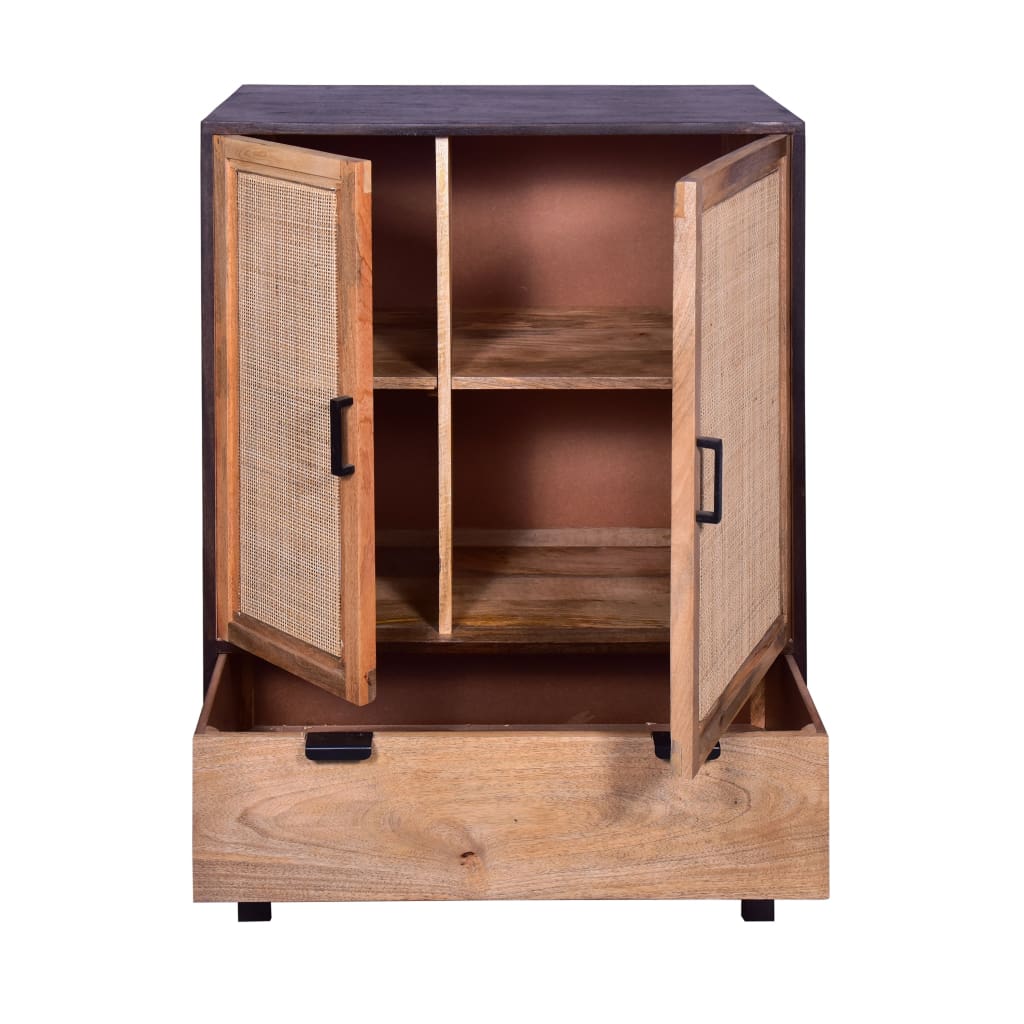 42 Inch Mango Wood Armoire Storage Cabinet 2 Cane Rattan Woven Doors 1 Drawer Brown Black By The Urban Port UPT-272551