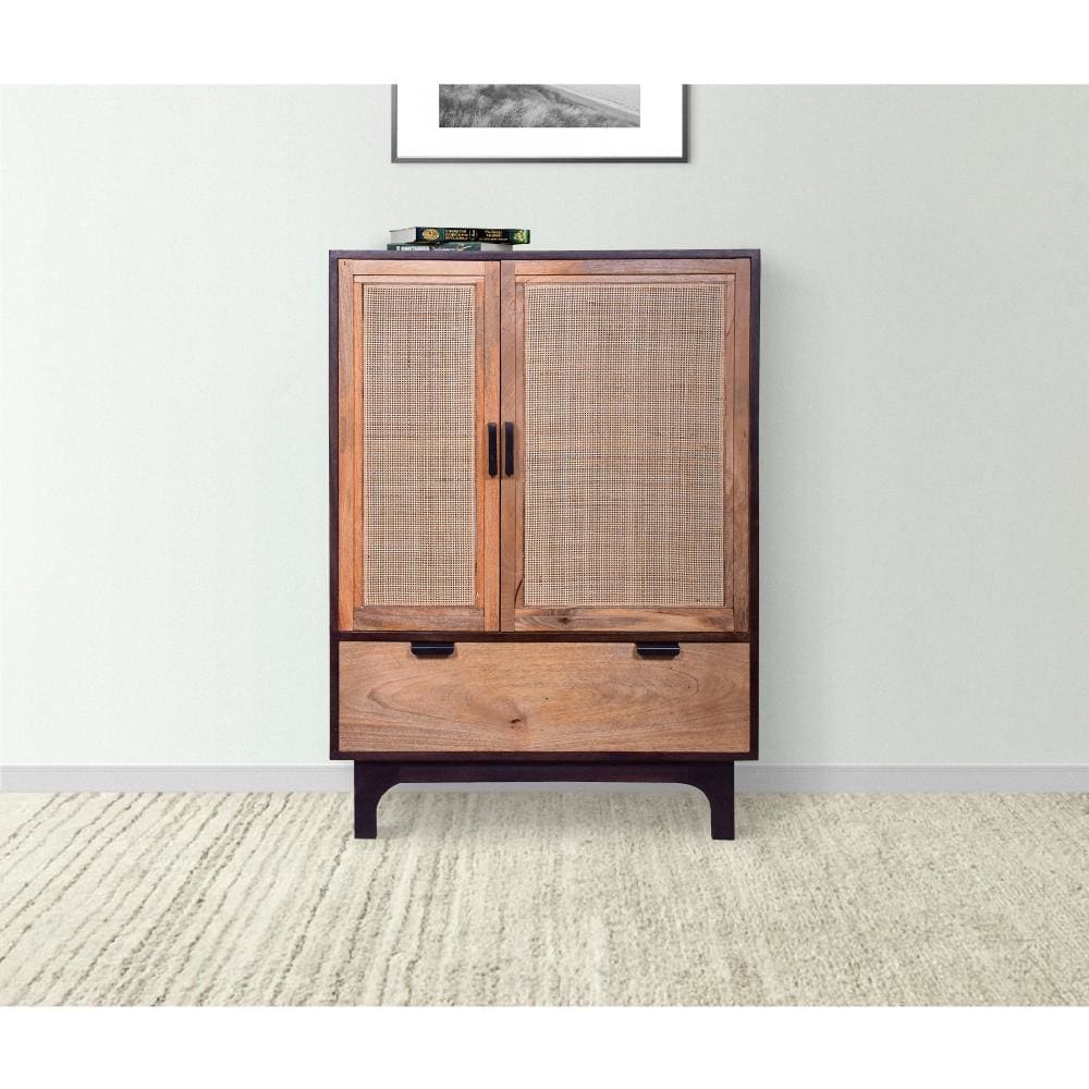 42 Inch Mango Wood Armoire Storage Cabinet 2 Cane Rattan Woven Doors 1 Drawer Brown Black By The Urban Port UPT-272551