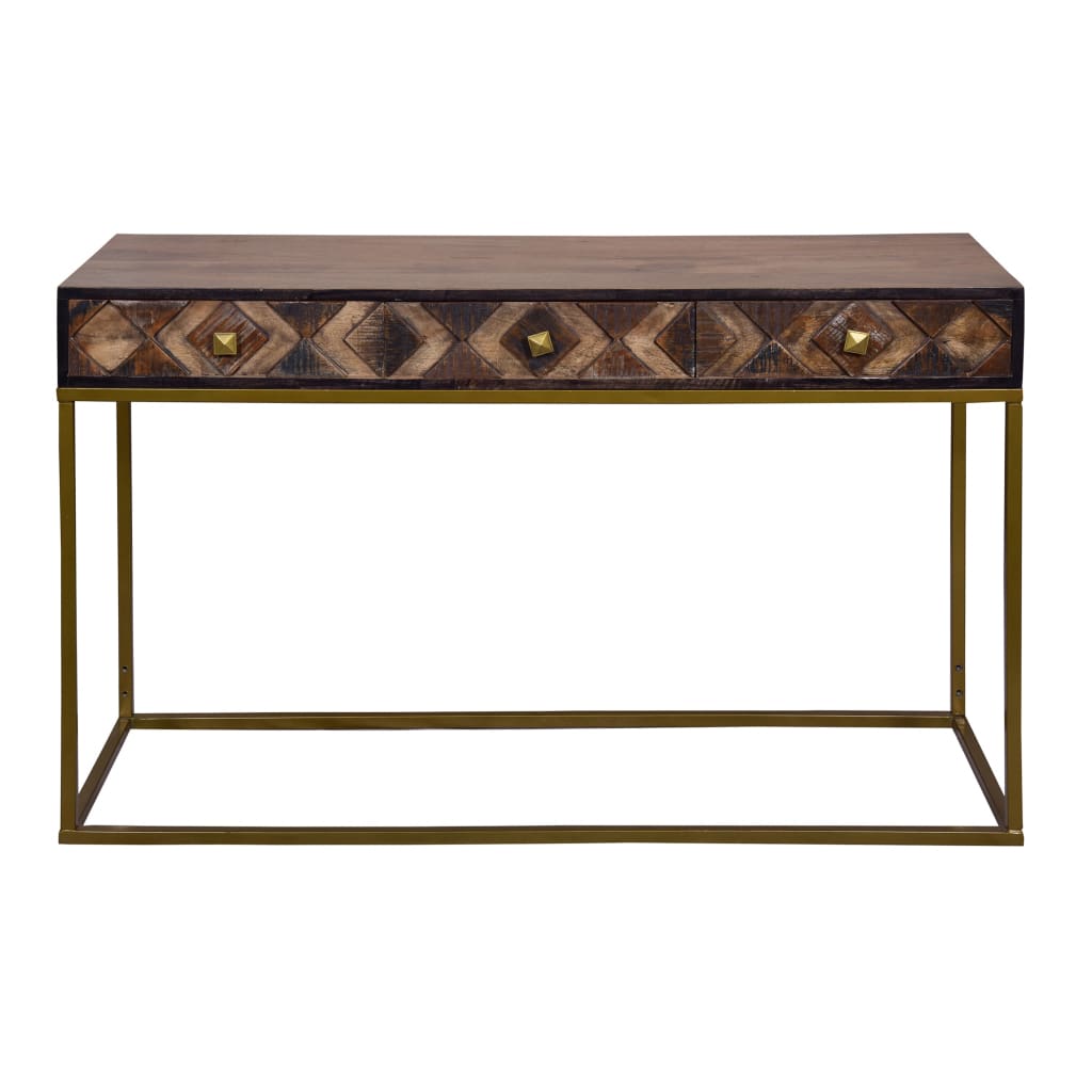 51 Inch 3 Drawer Mango Wood Console Table, Diamond Textured Panels, Metal Frame, Brown By The Urban Port