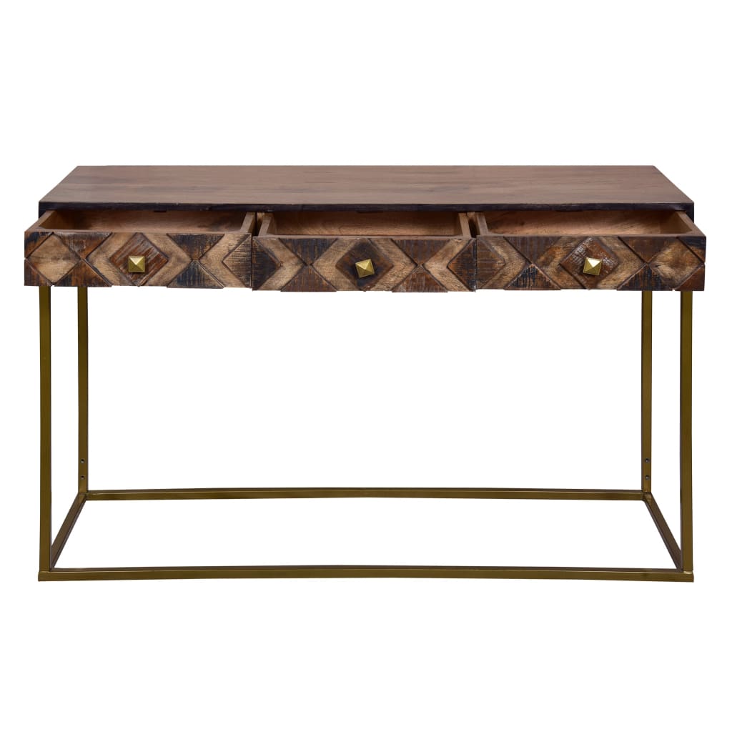 51 Inch 3 Drawer Mango Wood Console Table Diamond Textured Panels Metal Frame Brown By The Urban Port UPT-272552