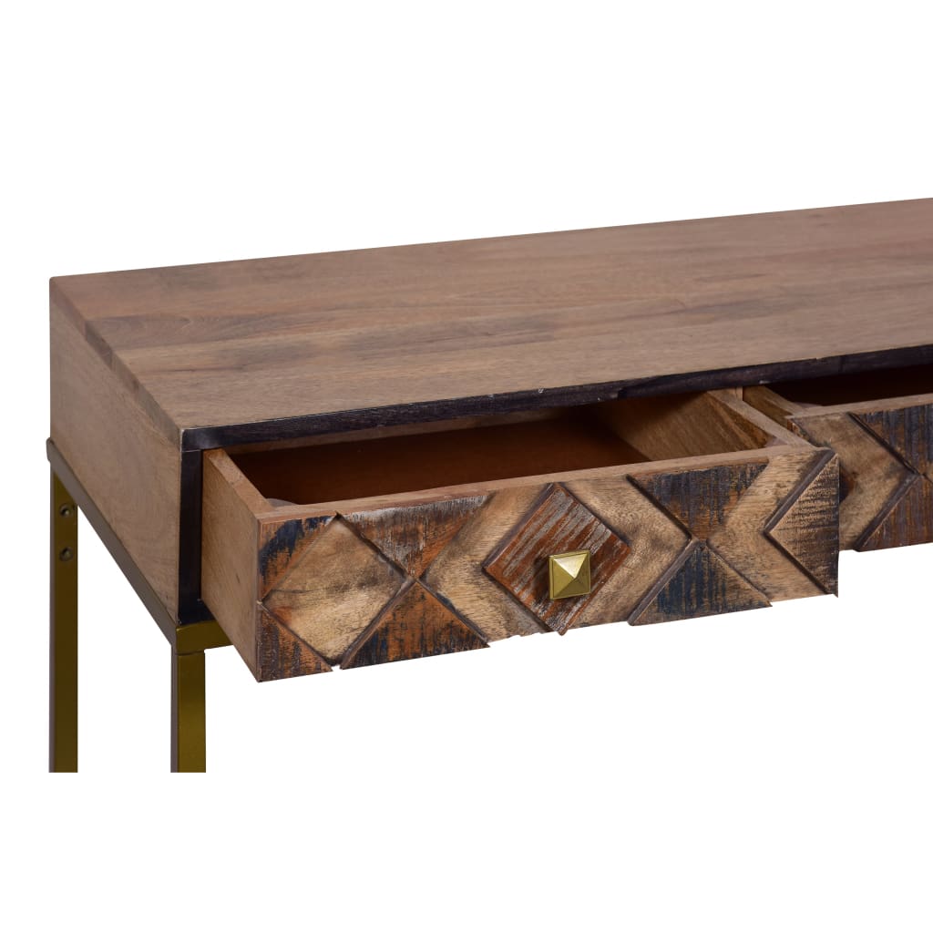 51 Inch 3 Drawer Mango Wood Console Table Diamond Textured Panels Metal Frame Brown By The Urban Port UPT-272552