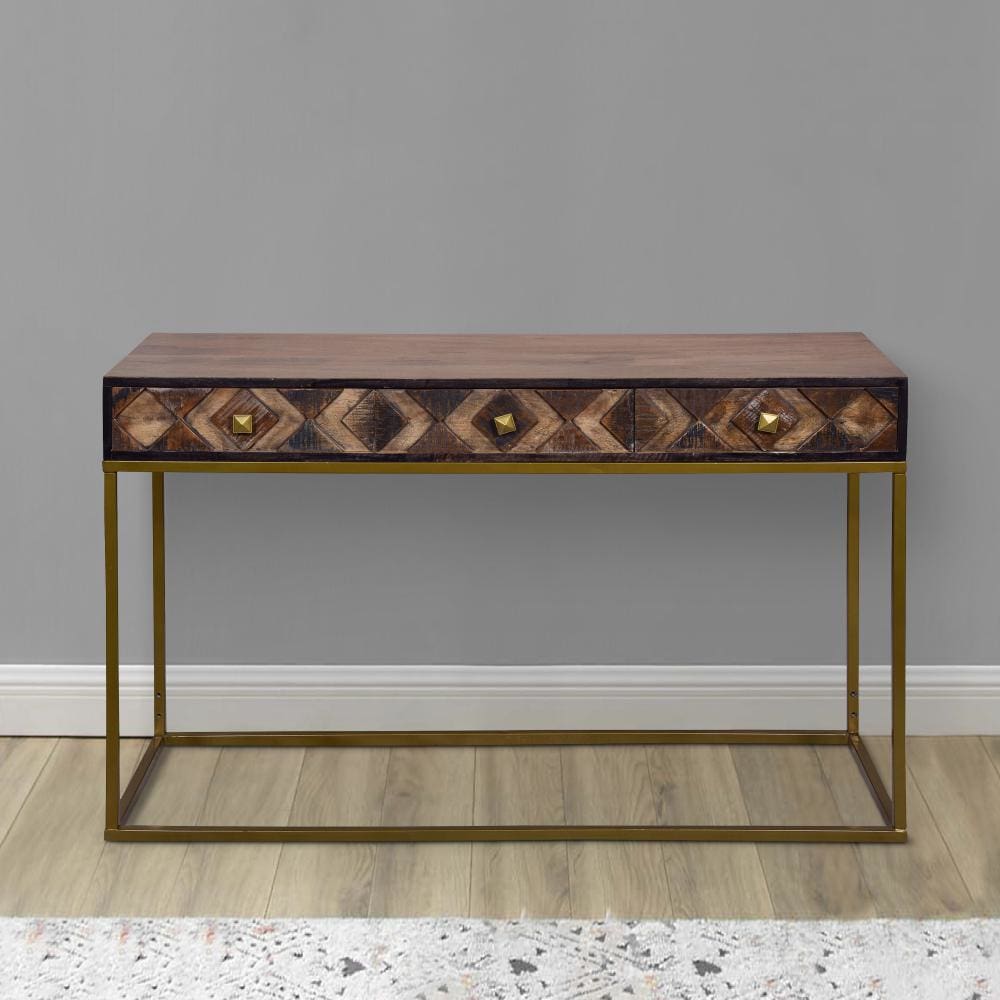 51 Inch 3 Drawer Mango Wood Console Table Diamond Textured Panels Metal Frame Brown By The Urban Port UPT-272552