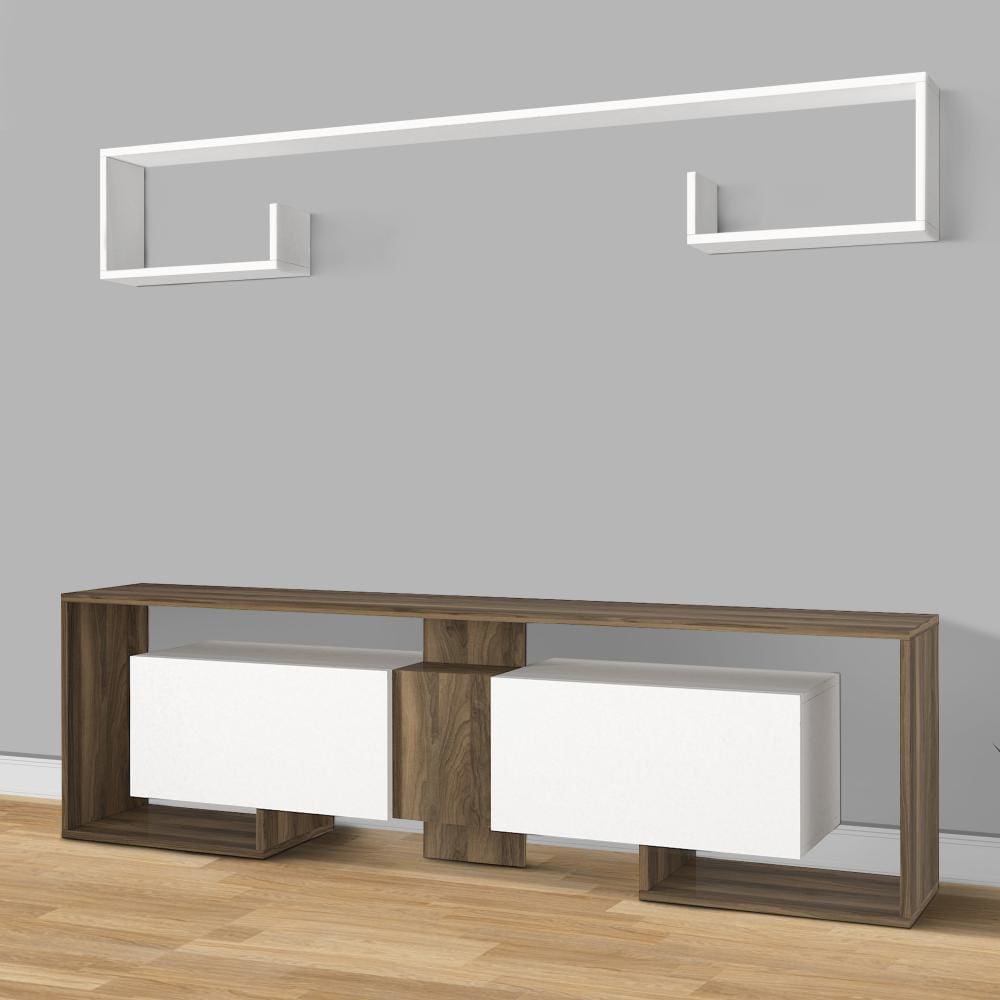 71 Inch Wooden TV Console Entertainment Media Center 2 Piece Set Wall Mounted Floating Shelf White Brown By The Urban Port UPT-272746