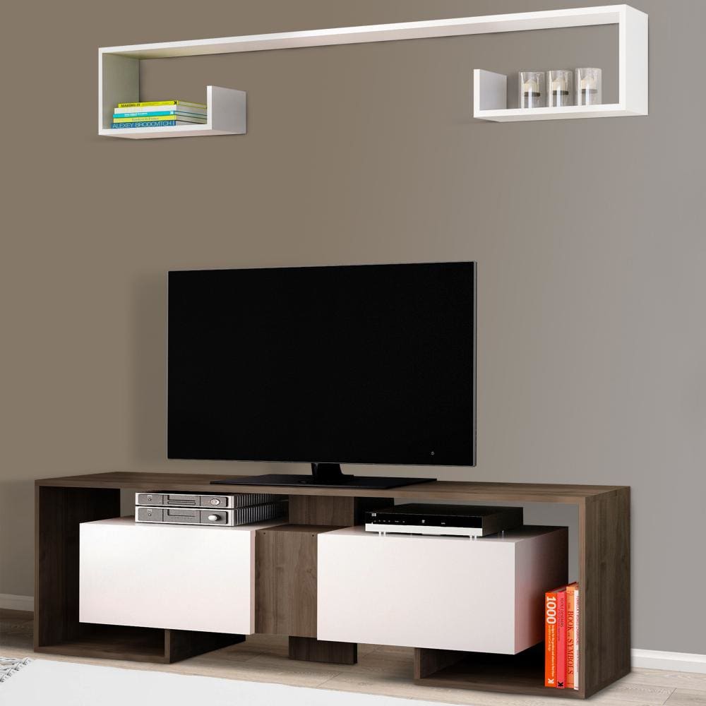 71 Inch Wooden TV Console Entertainment Media Center 2 Piece Set Wall Mounted Floating Shelf White Brown By The Urban Port UPT-272746