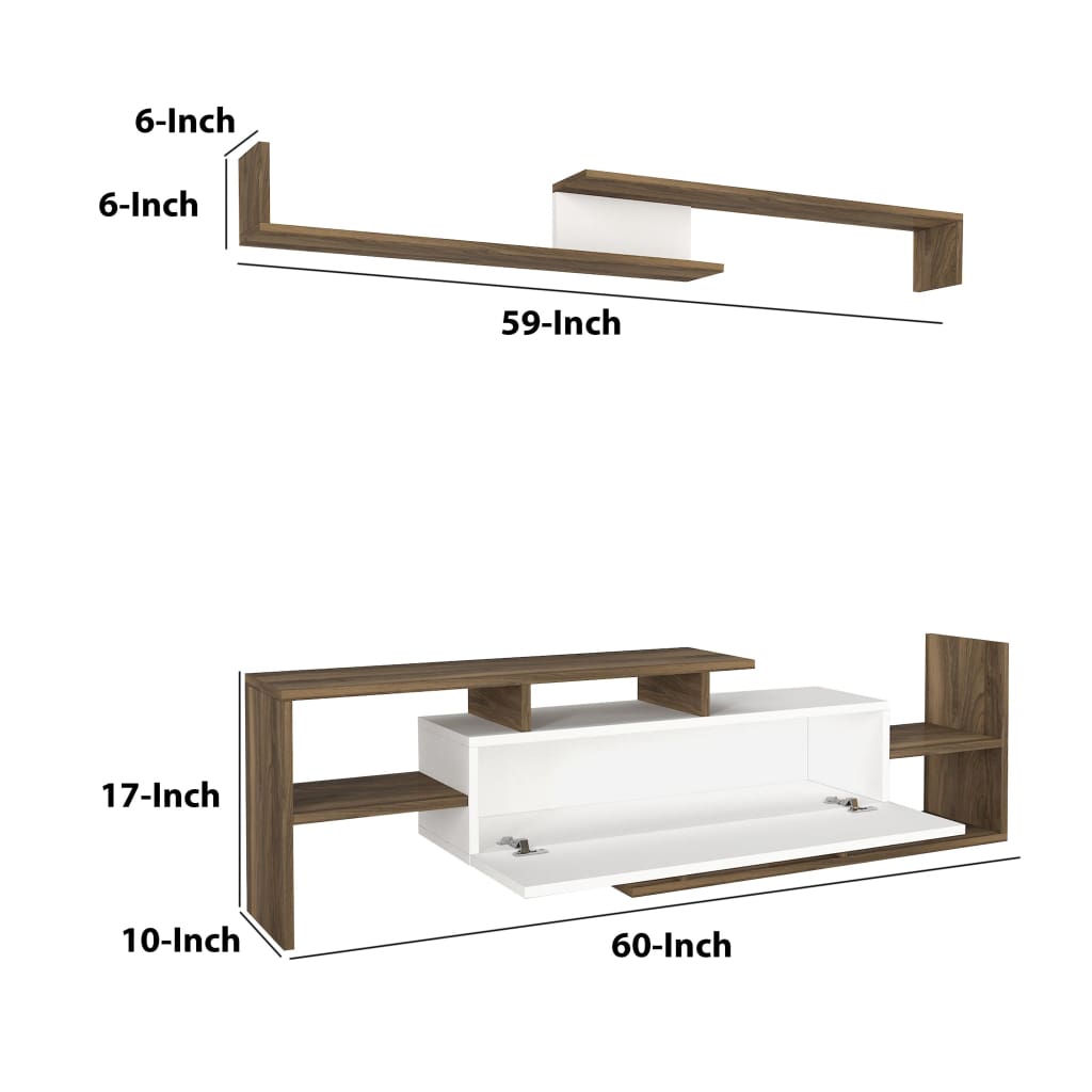 Seth 60 Inch Modern Wooden TV Console Entertainment Center with Floating Wall Shelf 2 Piece Set White and Brown By The Urban Port UPT-272748