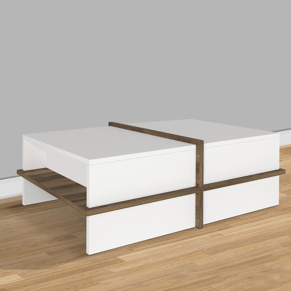 Belle 35 Inch Modern Wood Rectangular Coffee Table with Side Shelf White and Brown By The Urban Port UPT-272753