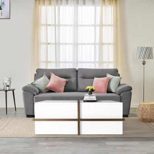 Belle 35 Inch Modern Wood Rectangular Coffee Table with Side Shelf, White and Brown By The Urban Port